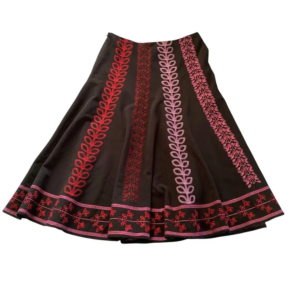 Sunny Leigh Embroidered Midi Skirt Black w/ Red and Pink Size 4 Folk Art Boho